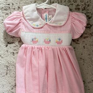 Pink Seersucker Smocked Dress with Floral Baskets